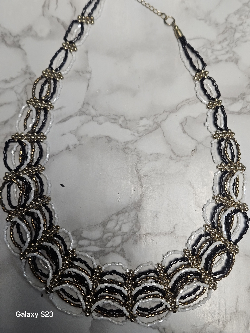 Hand Made Beaded Statement Necklace in Black, White & Gold